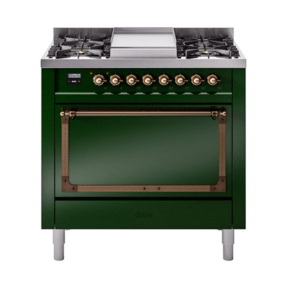 ILVE Nostalgie II Noblesse 36-Inch Propane Gas Dual Fuel Range, Solid Door Oven, Emerald Green with Burnished Bronze Trim (UN36FQNMPEGBLP)