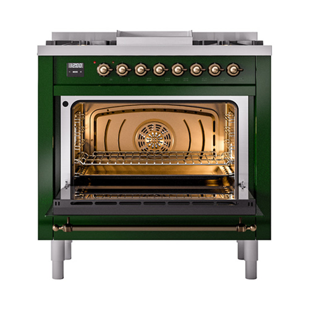 ILVE Nostalgie II Noblesse 36-Inch Natural Gas Dual Fuel Range and Solid Door Oven in Emerald Green with Burnished Bronze Trim (UN36FQNMPEGB)