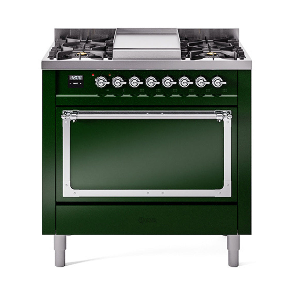 ILVE Nostalgie II Noblesse 36-Inch Natural Gas Dual Fuel Range and Solid Door Oven in Emerald Green with Chrome Trim (UN36FQNMPEGC)