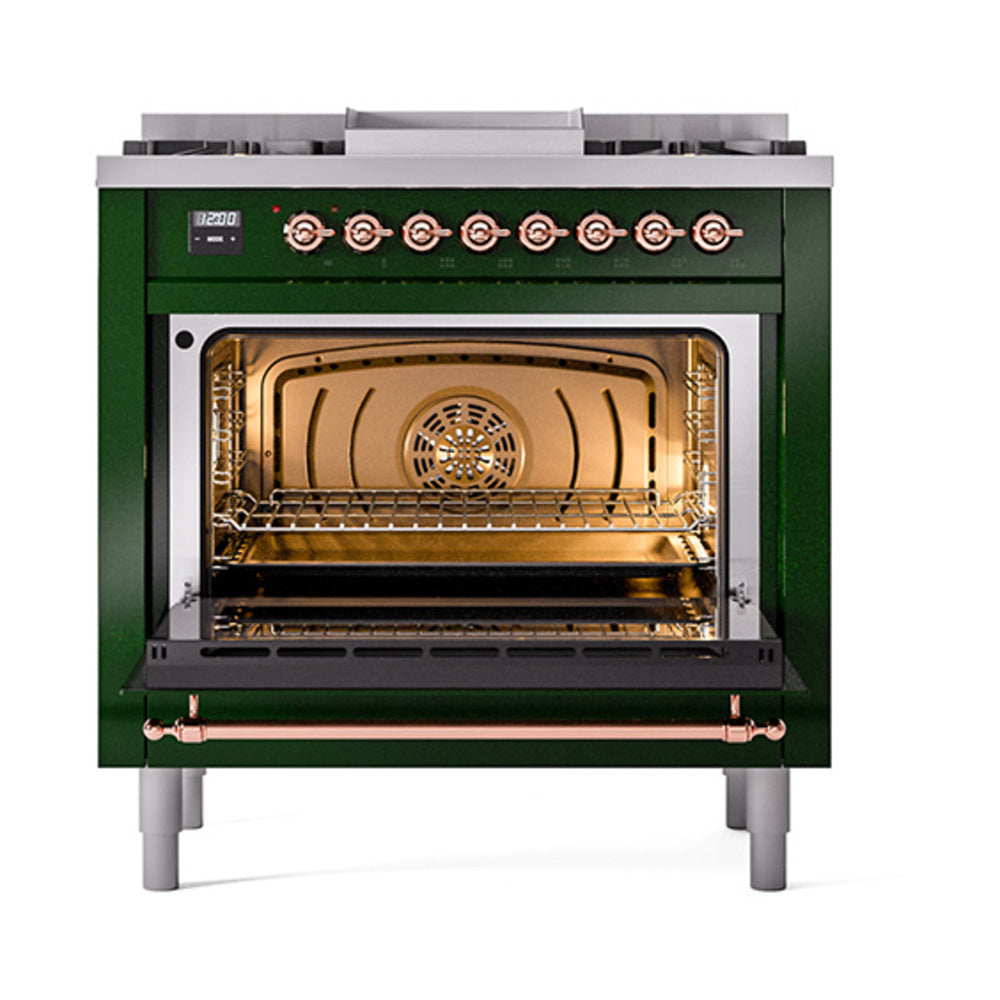ILVE Nostalgie II Noblesse 36-Inch Natural Gas Dual Fuel Range and Solid Door Oven in Emerald Green with Copper Trim (UN36FQNMPEGP)