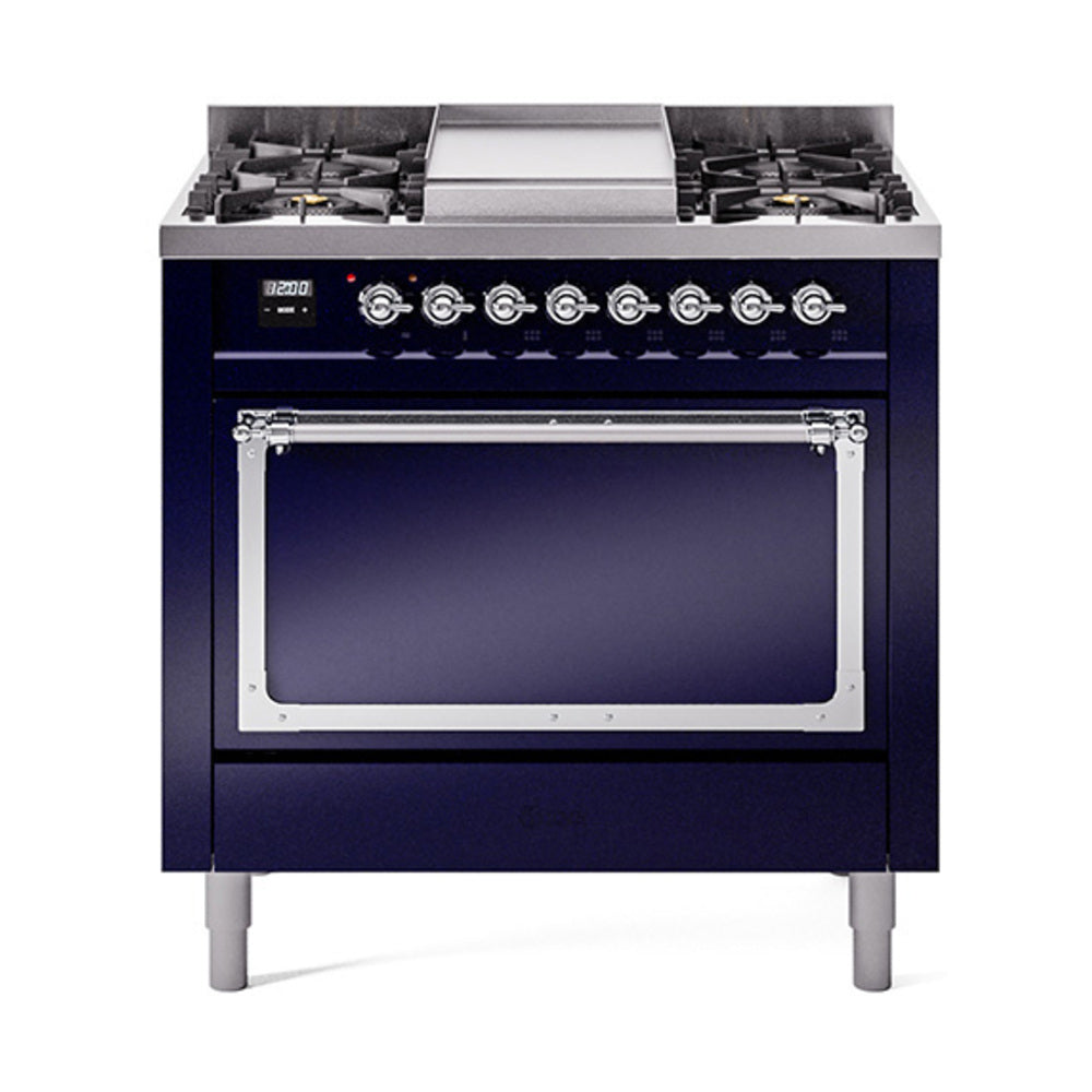 ILVE Nostalgie II Noblesse 36-Inch Natural Gas Dual Fuel Range and Solid Door Oven in Midnight Blue with Chrome Trim (UN36FQNMPMBC)