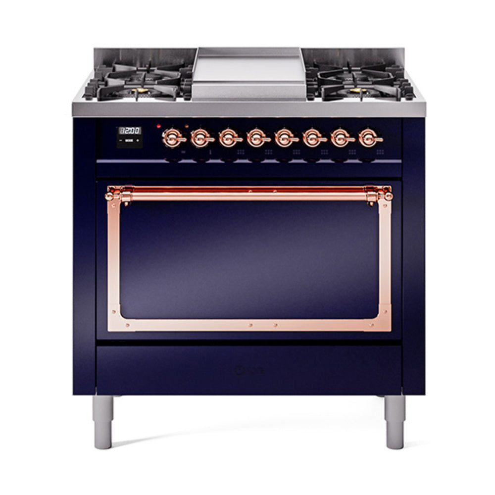 ILVE Nostalgie II Noblesse 36-Inch Natural Gas Dual Fuel Range and Solid Door Oven in Midnight Blue with Copper Trim (UN36FQNMPMBP)
