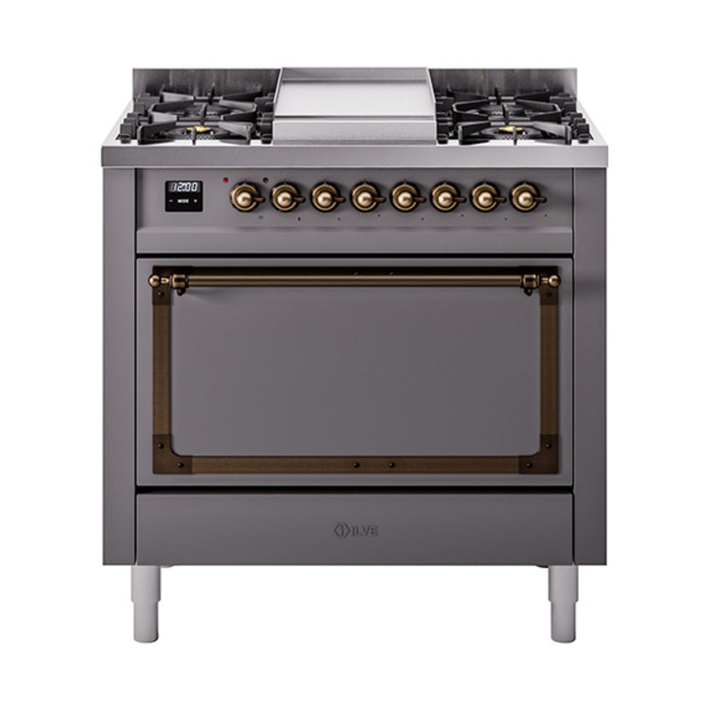 ILVE Nostalgie II Noblesse 36-Inch Propane Gas Dual Fuel Range and Solid Door Oven in Matte Graphite with Burnished Bronze Trim (UN36FQNMPMGBLP)
