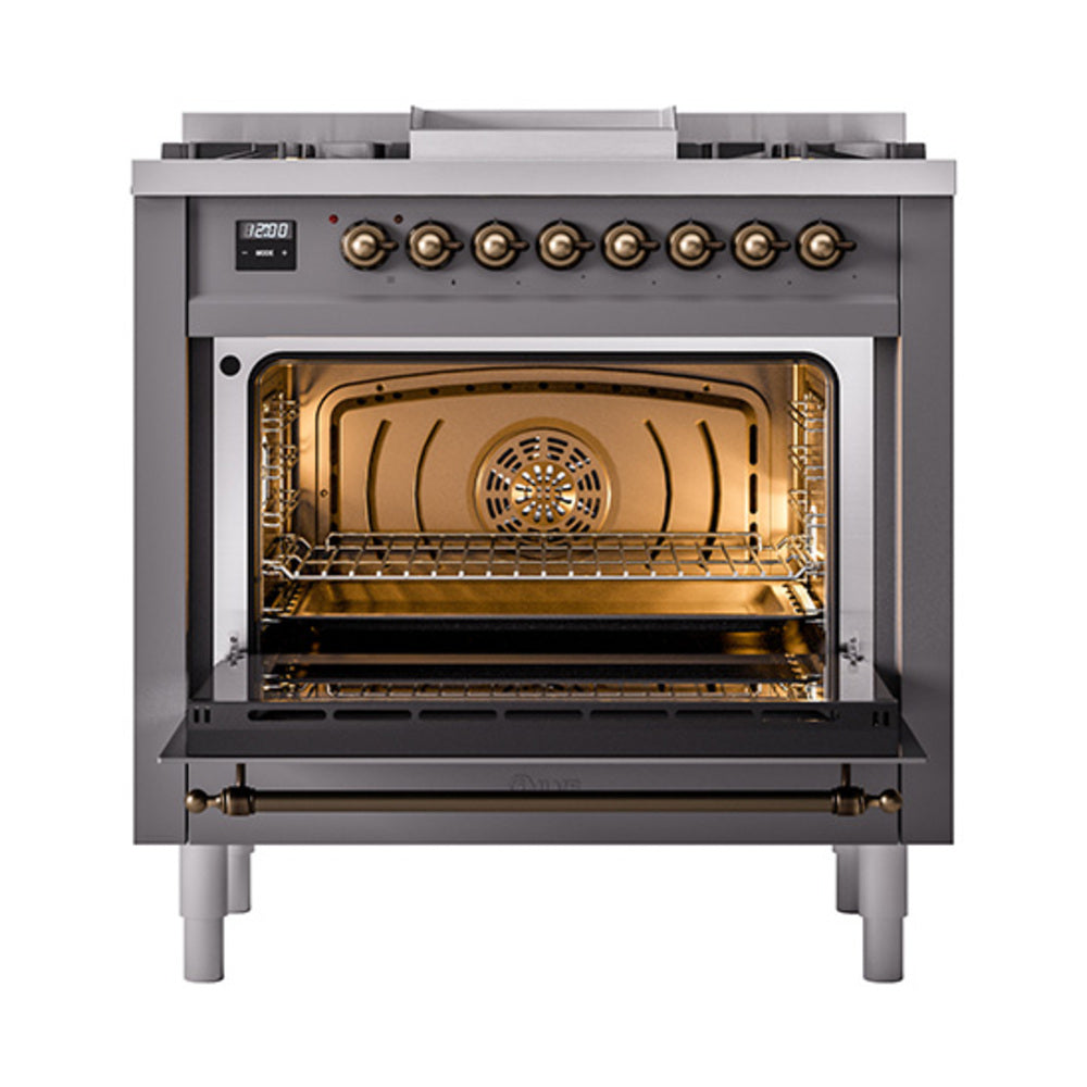 ILVE Nostalgie II Noblesse 36-Inch Propane Gas Dual Fuel Range and Solid Door Oven in Matte Graphite with Burnished Bronze Trim (UN36FQNMPMGBLP)