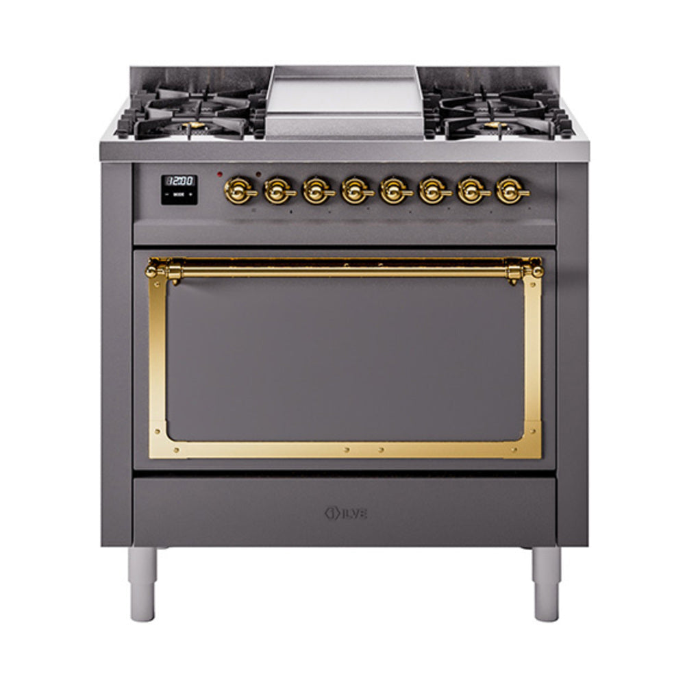 ILVE Nostalgie II Noblesse 36-Inch Propane Gas Dual Fuel Range and Solid Door Oven in Matte Graphite with Brass Trim (UN36FQNMPMGGLP)
