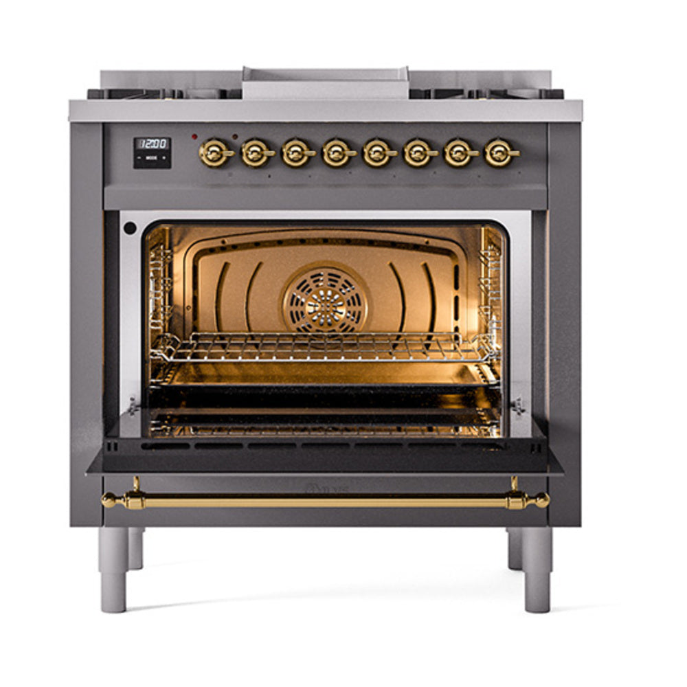 ILVE Nostalgie II Noblesse 36-Inch Natural Gas Dual Fuel Range and Solid Door Oven in Matte Graphite with Brass Trim (UN36FQNMPMGG)
