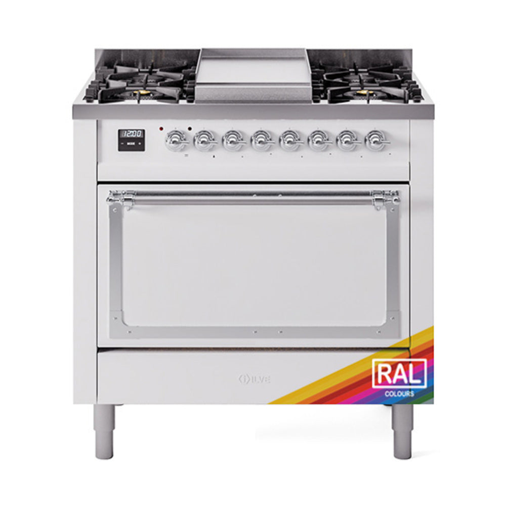 ILVE Nostalgie II Noblesse 36-Inch Propane Gas Dual Fuel Range and Solid Door Oven in Custom RAL with Chrome Trim (UN36FQNMPRACLP)