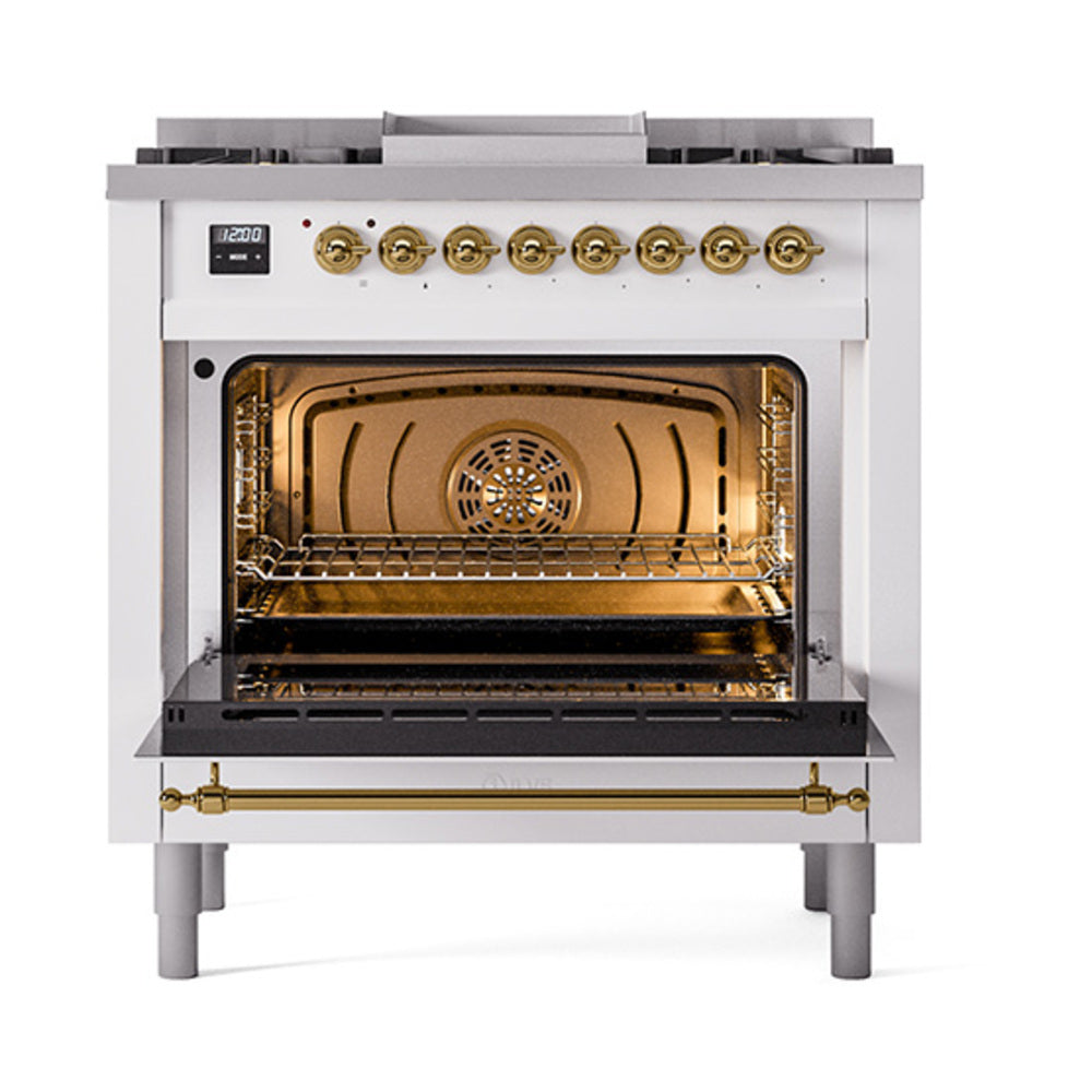 ILVE Nostalgie II Noblesse 36-Inch Natural Gas Dual Fuel Range and Solid Door Oven in RAL with Brass Trim (UN36FQNMPRAG)