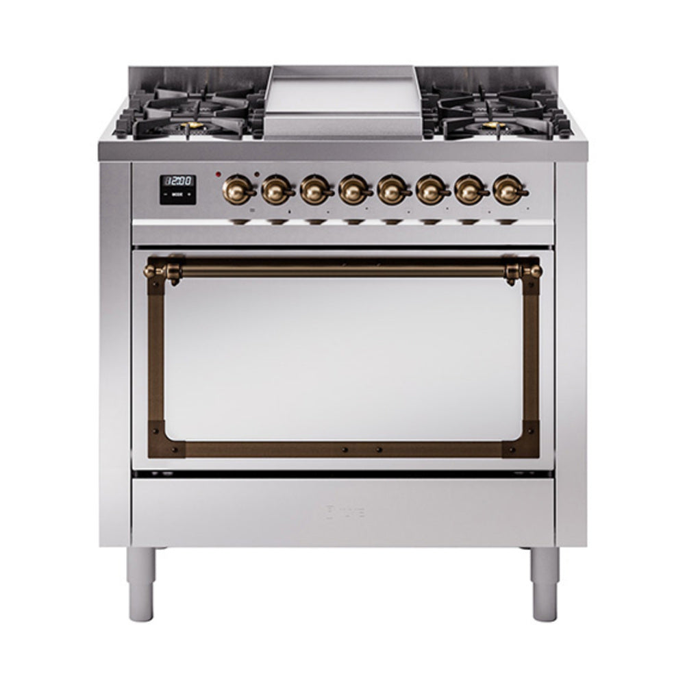 ILVE Nostalgie II Noblesse 36-Inch Propane Gas Dual Fuel Range and Solid Door Oven in Stainless Steel with Burnished Bronze Trim (UN36FQNMPSSBLP)