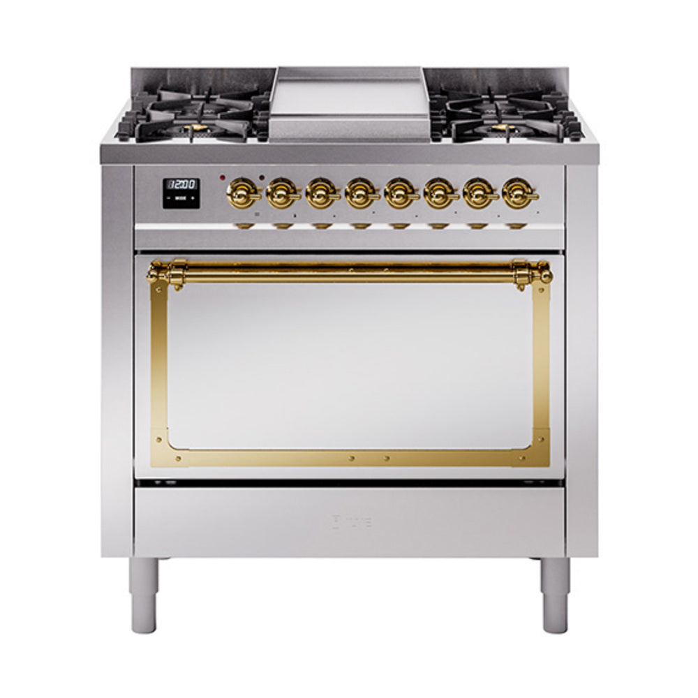 ILVE Nostalgie II Noblesse 36-Inch Natural Gas Dual Fuel Range and Solid Door Oven in Stainless Steel with Brass Trim (UN36FQNMPSSG)