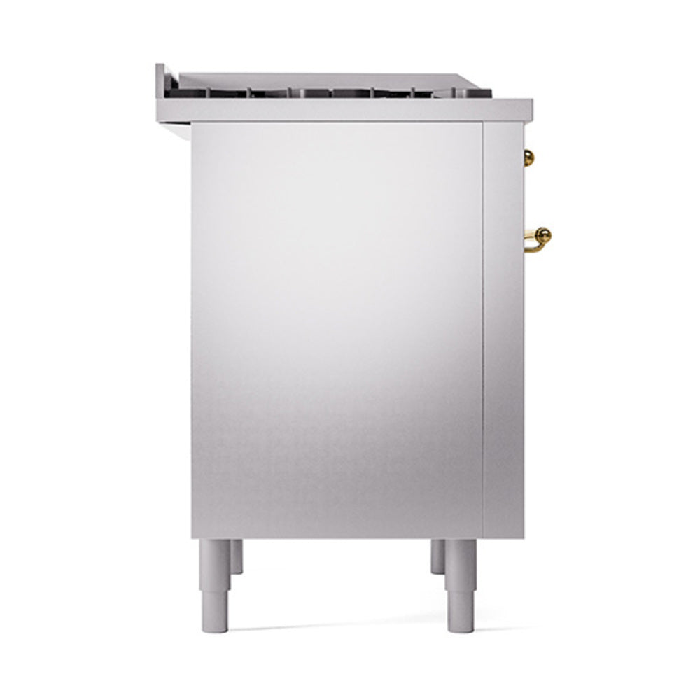 ILVE Nostalgie II Noblesse 36-Inch Natural Gas Dual Fuel Range and Solid Door Oven in Stainless Steel with Brass Trim (UN36FQNMPSSG)