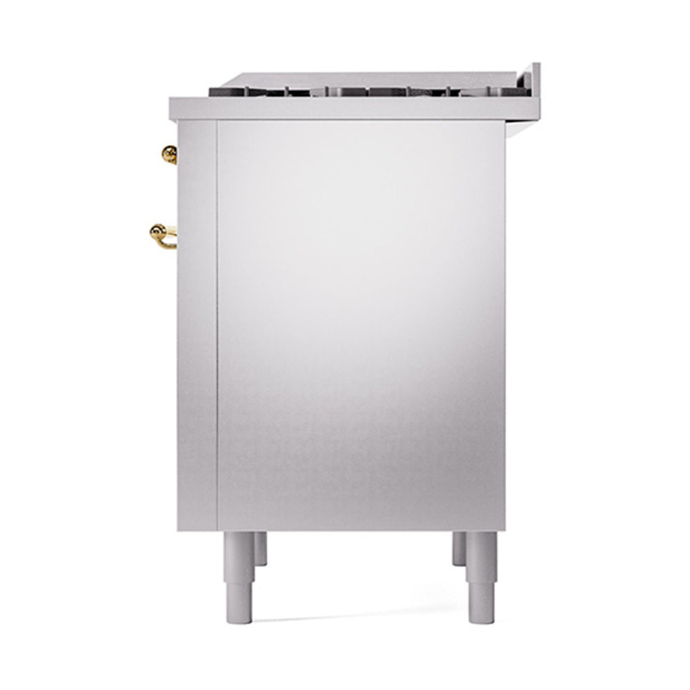 ILVE Nostalgie II Noblesse 36-Inch Natural Gas Dual Fuel Range and Solid Door Oven in Stainless Steel with Brass Trim (UN36FQNMPSSG)
