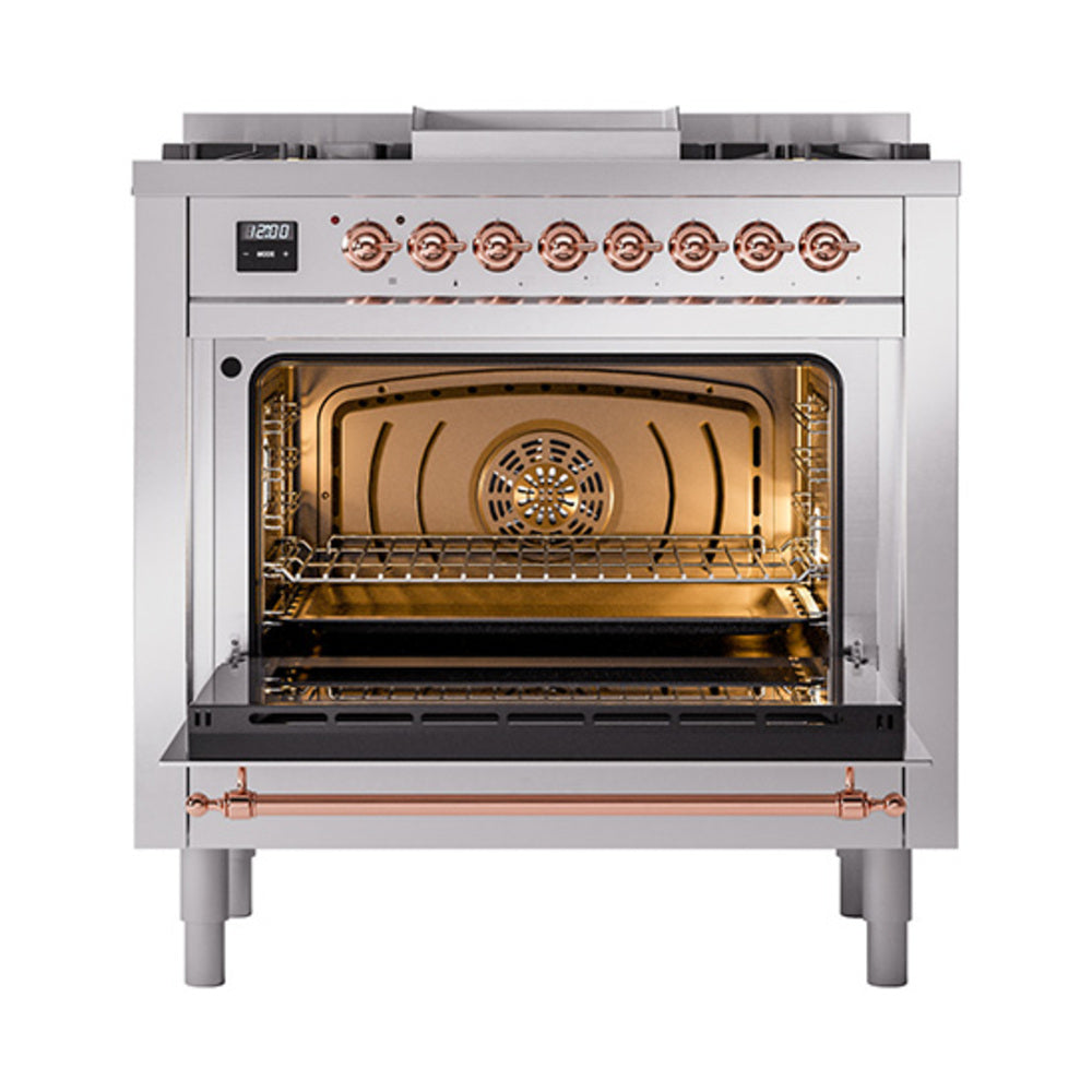 ILVE Nostalgie II Noblesse 36-Inch Propane Gas Dual Fuel Range and Solid Door Oven in Stainless Steel with Copper Trim (UN36FQNMPSSPLP)