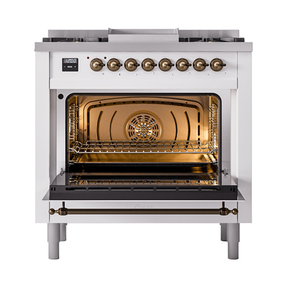 ILVE Nostalgie II Noblesse 36-Inch Natural Gas Dual Fuel Range and Solid Door Oven in White with Burnished Bronze Trim (UN36FQNMPWHB)