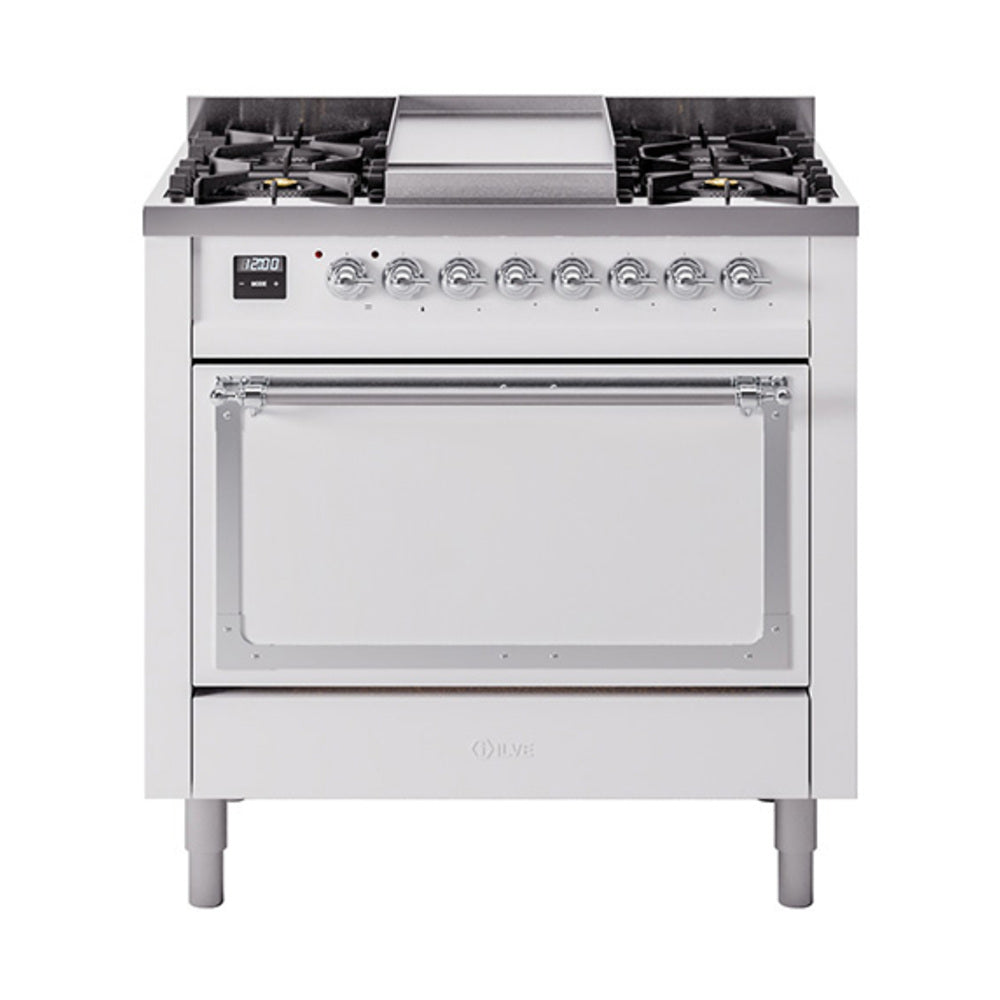 ILVE Nostalgie II Noblesse 36-Inch Propane Gas Dual Fuel Range and Solid Door Oven in White with Chrome Trim (UN36FQNMPWHCLP)