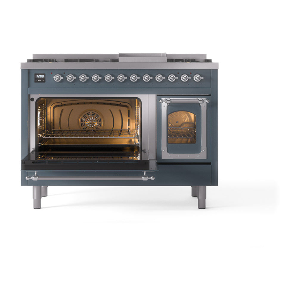 ILVE Nostalgie II Noblesse 48-Inch Freestanding Natural Gas Dual Fuel Range in Blue Grey with Chrome Trim (UN48FNMPBGC)