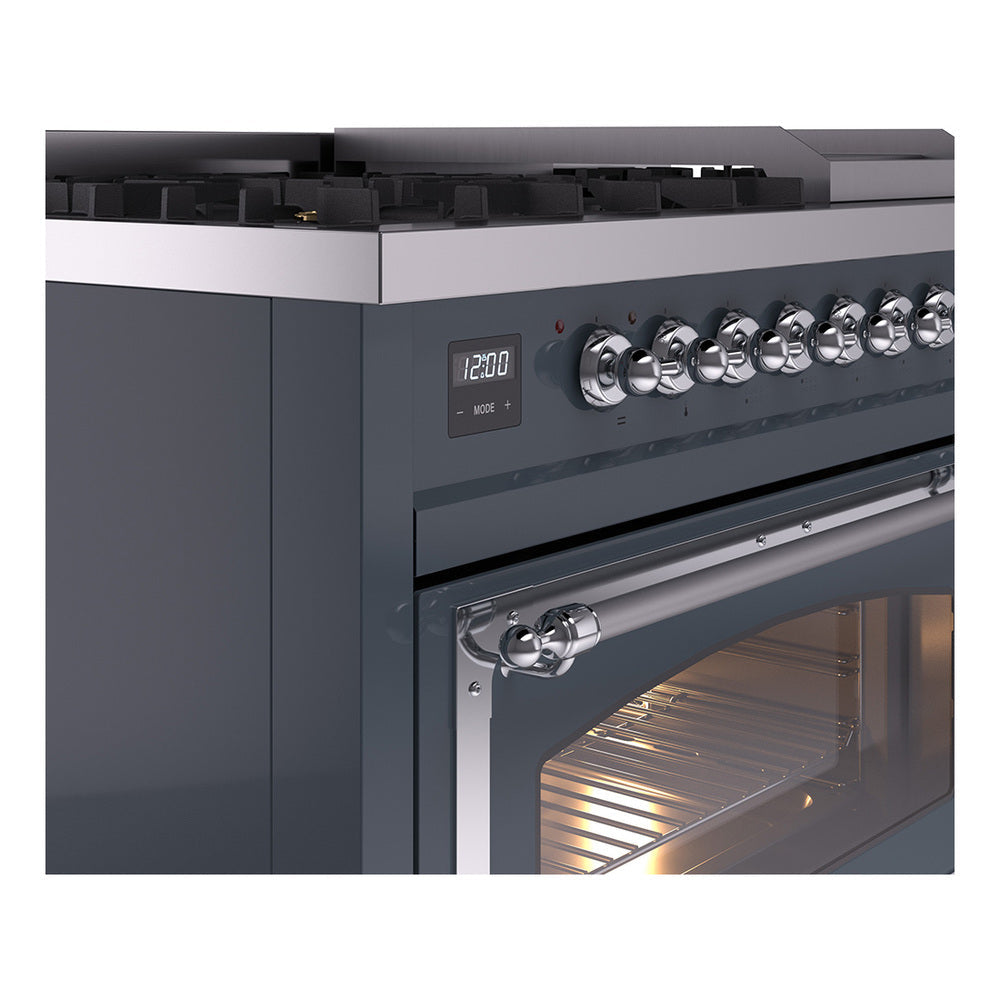 ILVE Nostalgie II Noblesse 48-Inch Freestanding Natural Gas Dual Fuel Range in Blue Grey with Chrome Trim (UN48FNMPBGC)