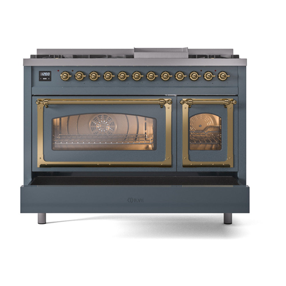 ILVE Nostalgie II Noblesse 48-Inch Dual Fuel Freestanding Range in Blue Grey with Brass Trim (UN48FNMPBGGLP)