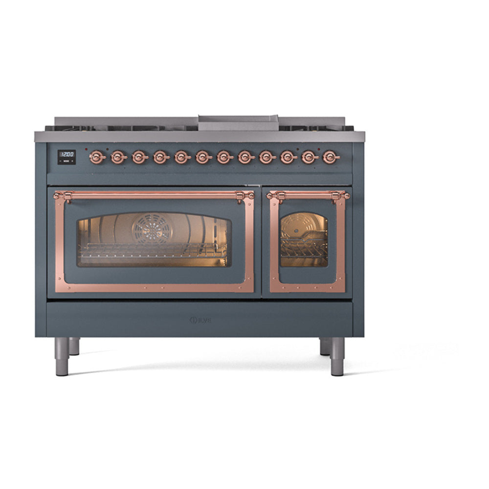 ILVE Nostalgie II Noblesse 48-Inch Dual Fuel Freestanding Range in Blue Grey with Copper Trim (UN48FNMPBGPLP)