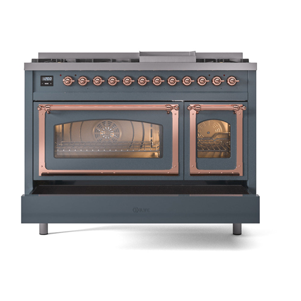ILVE Nostalgie II Noblesse 48-Inch Freestanding Natural Gas Dual Fuel Range in Blue Grey with Copper Trim (UN48FNMPBGP)