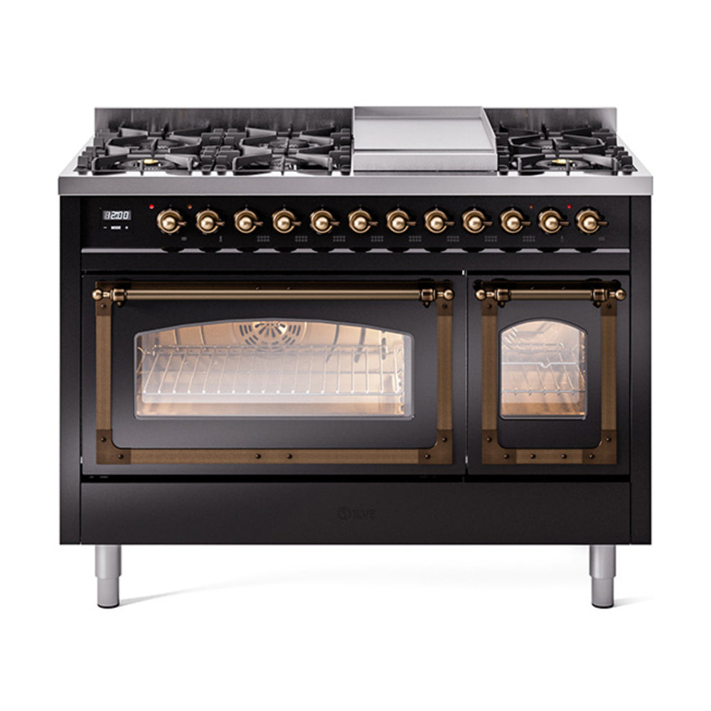 ILVE Nostalgie II Noblesse 48-Inch Freestanding Natural Gas Dual Fuel Range in Glossy Black with Burnished Bronze Trim (UN48FNMPBKB)