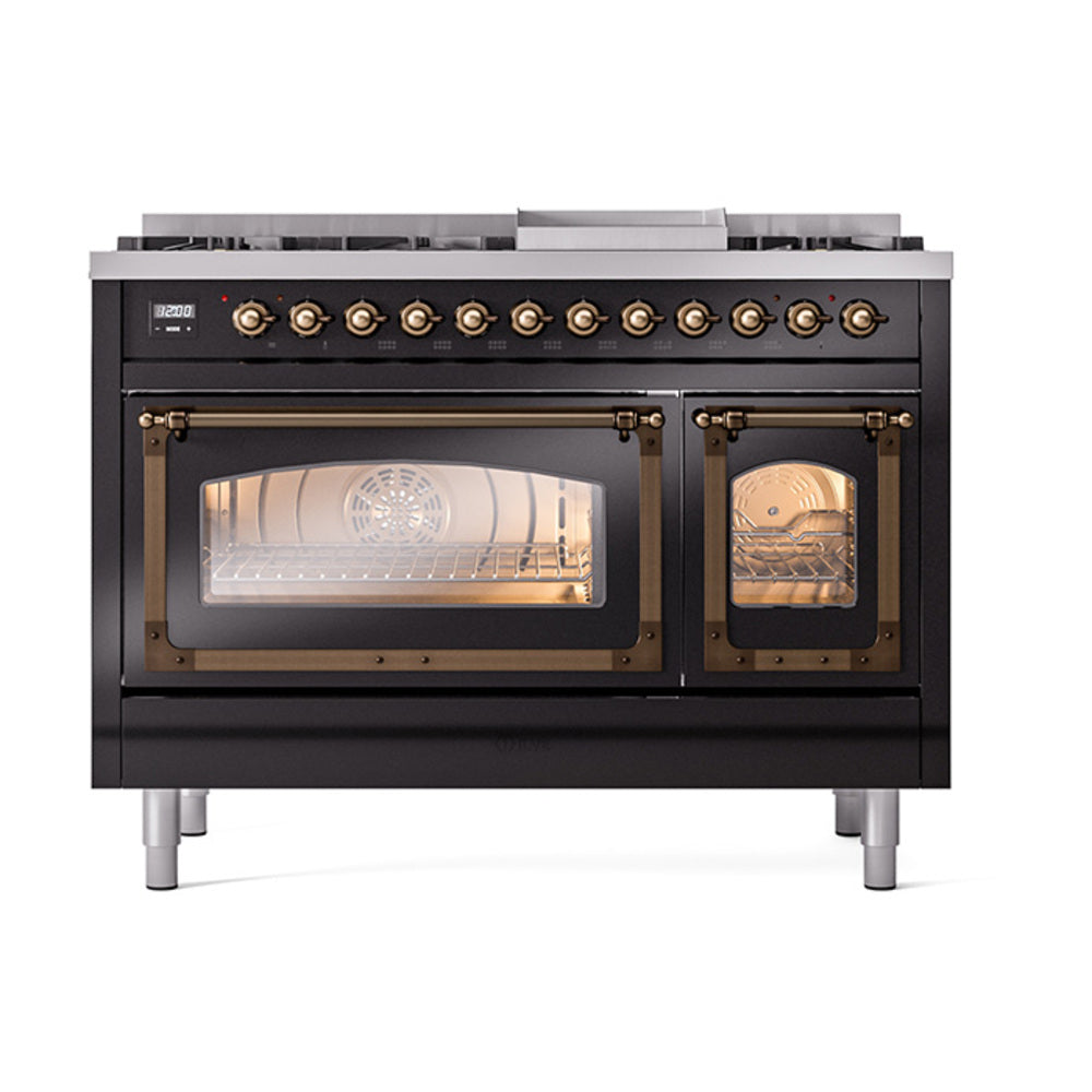 ILVE Nostalgie II Noblesse 48-Inch Freestanding Natural Gas Dual Fuel Range in Glossy Black with Burnished Bronze Trim (UN48FNMPBKB)