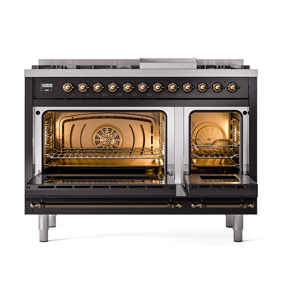 ILVE Nostalgie II Noblesse 48-Inch Dual Fuel Freestanding Range in Glossy Black with Burnished Bronze Trim (UN48FNMPBKBLP)