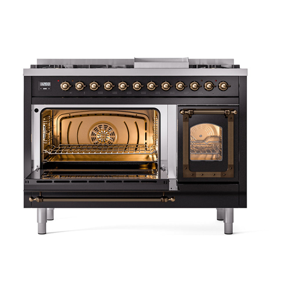 ILVE Nostalgie II Noblesse 48-Inch Dual Fuel Freestanding Range in Glossy Black with Burnished Bronze Trim (UN48FNMPBKBLP)