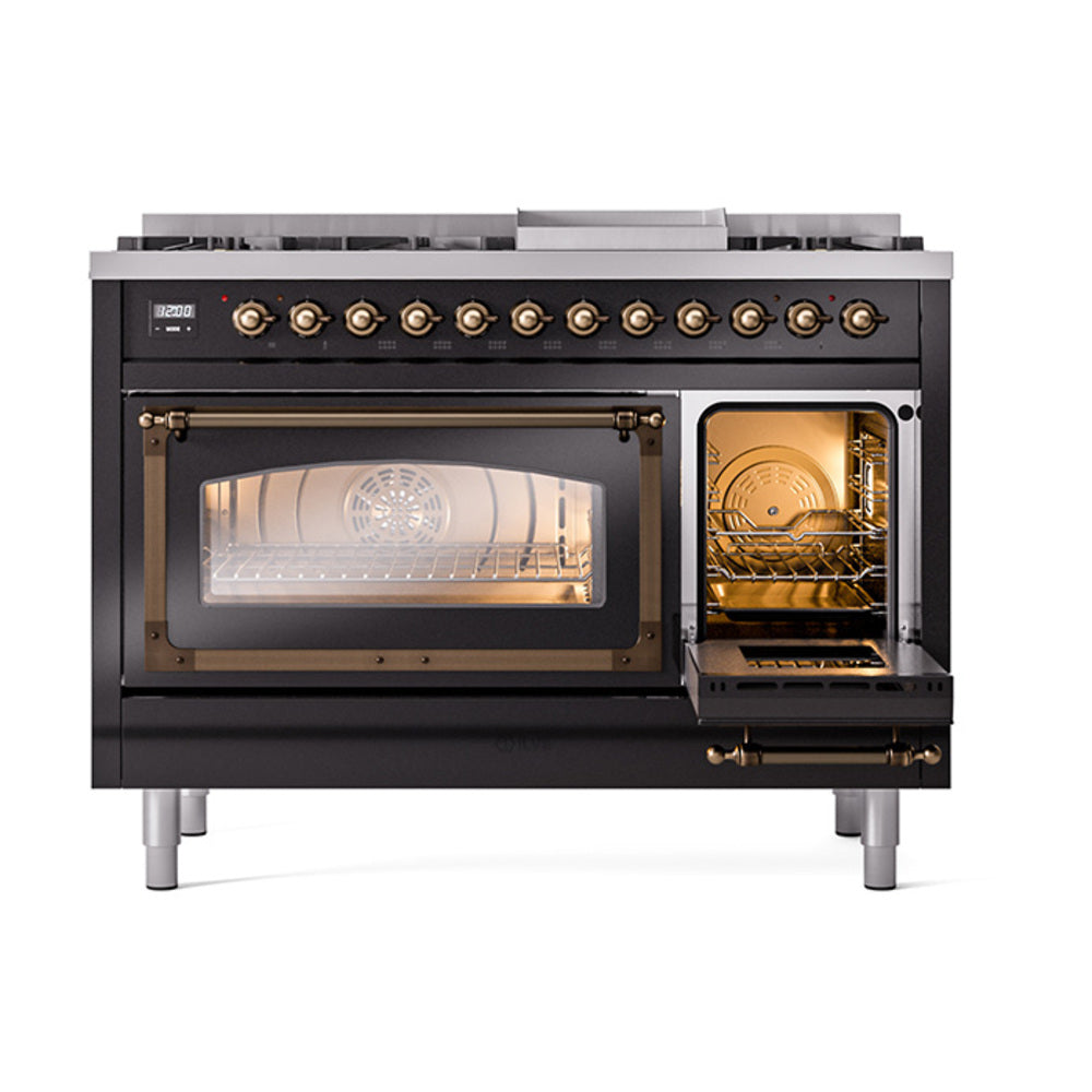 ILVE Nostalgie II Noblesse 48-Inch Dual Fuel Freestanding Range in Glossy Black with Burnished Bronze Trim (UN48FNMPBKBLP)
