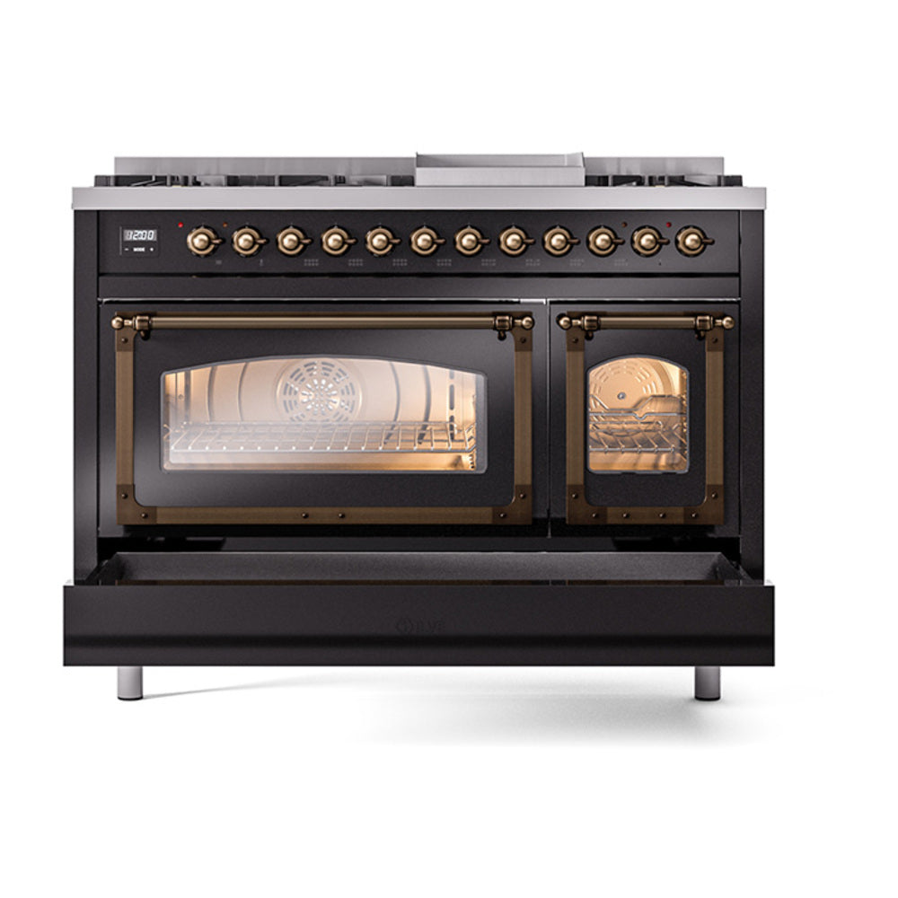ILVE Nostalgie II Noblesse 48-Inch Dual Fuel Freestanding Range in Glossy Black with Burnished Bronze Trim (UN48FNMPBKBLP)