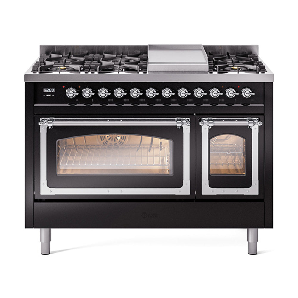 ILVE Nostalgie II Noblesse 48-Inch Dual Fuel Freestanding Range in Glossy Black with Chrome Trim (UN48FNMPBKCLP)