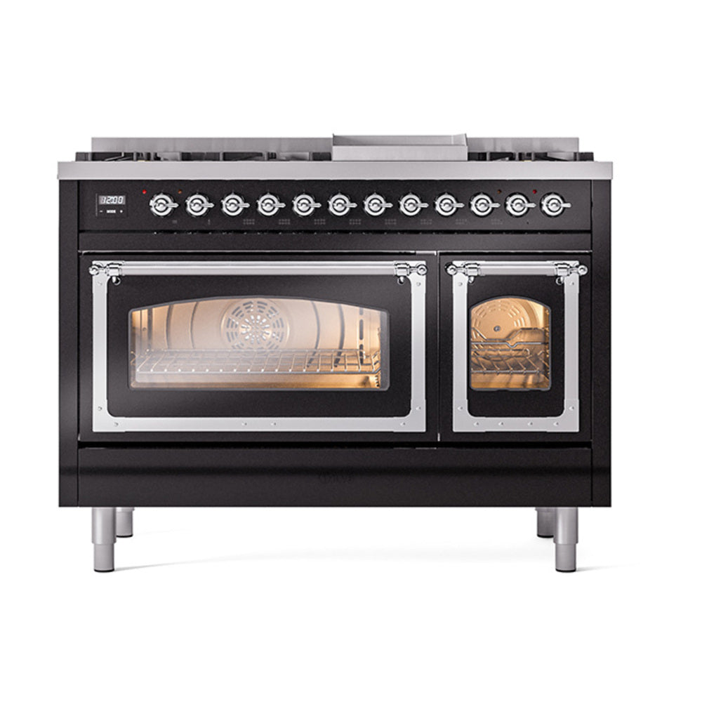 ILVE Nostalgie II Noblesse 48-Inch Dual Fuel Freestanding Range in Glossy Black with Chrome Trim (UN48FNMPBKCLP)