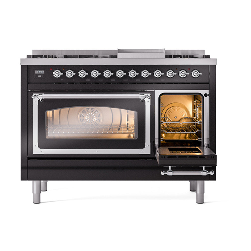 ILVE Nostalgie II Noblesse 48-Inch Dual Fuel Freestanding Range in Glossy Black with Chrome Trim (UN48FNMPBKCLP)