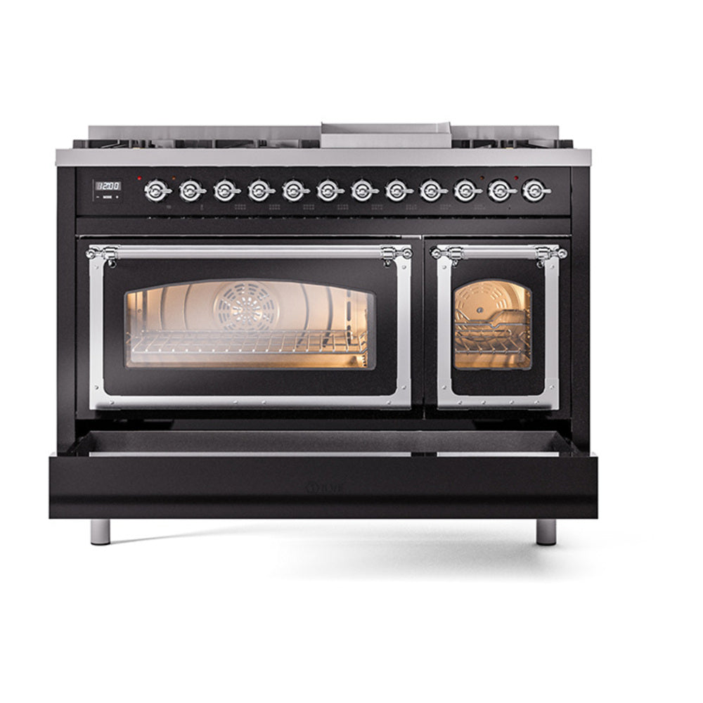 ILVE Nostalgie II Noblesse 48-Inch Dual Fuel Freestanding Range in Glossy Black with Chrome Trim (UN48FNMPBKCLP)