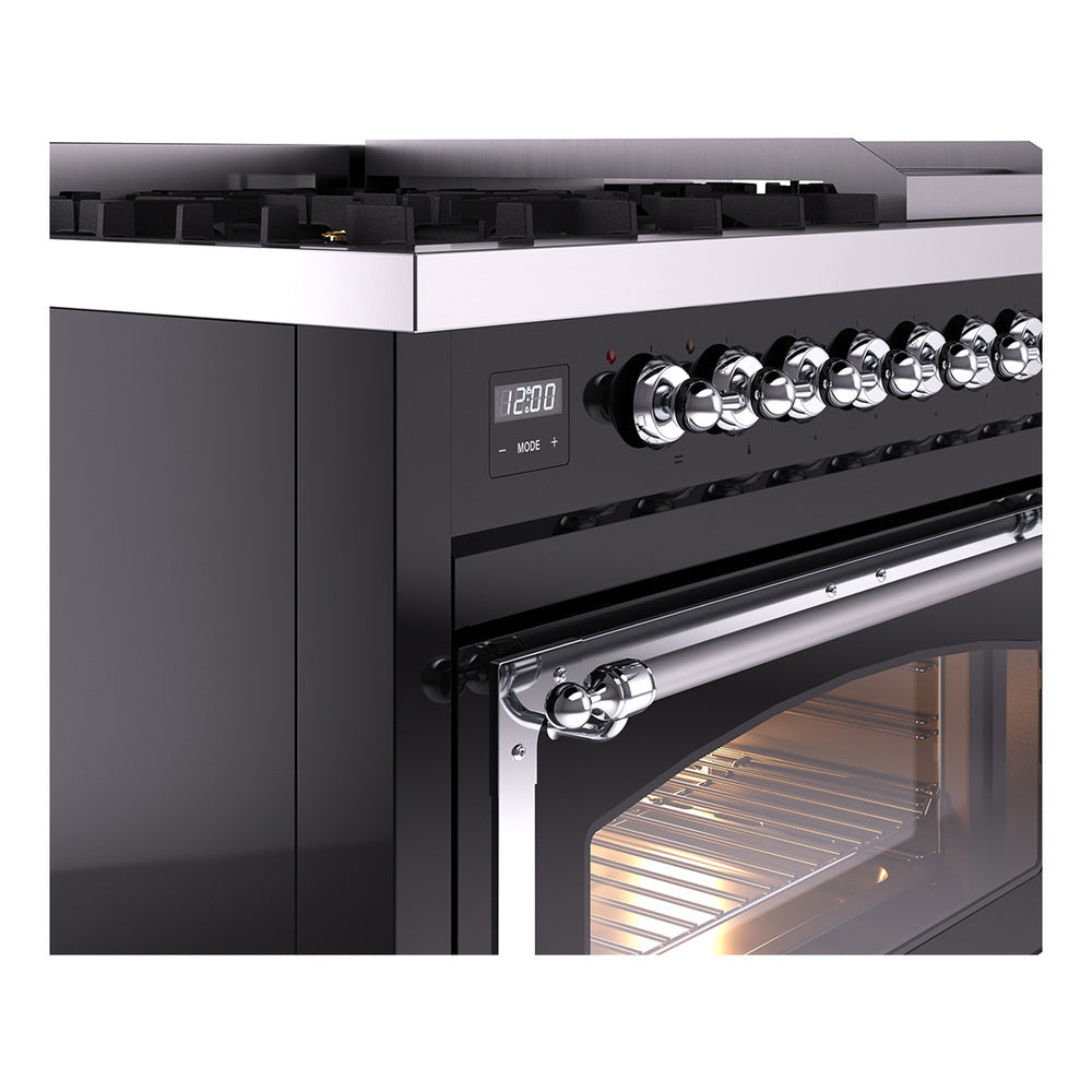 ILVE Nostalgie II Noblesse 48-Inch Dual Fuel Freestanding Range in Glossy Black with Chrome Trim (UN48FNMPBKCLP)