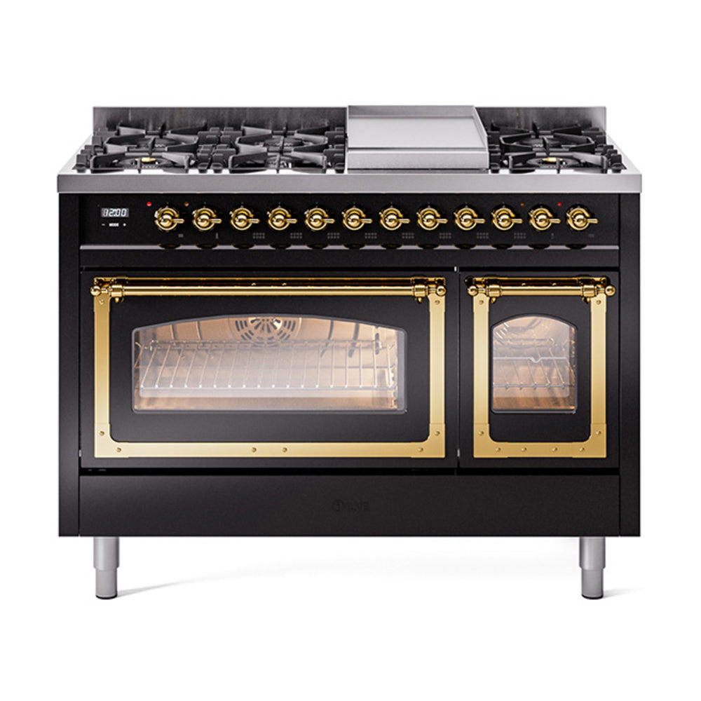 ILVE Nostalgie II Noblesse 48-Inch Dual Fuel Freestanding Range in Glossy Black with Brass Trim (UN48FNMPBKGLP)