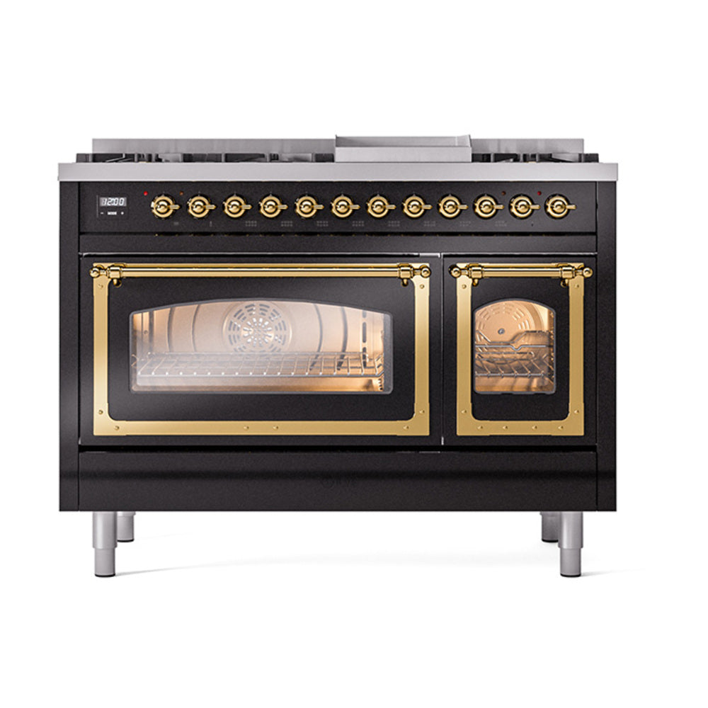 ILVE Nostalgie II Noblesse 48-Inch Dual Fuel Freestanding Range in Glossy Black with Brass Trim (UN48FNMPBKGLP)