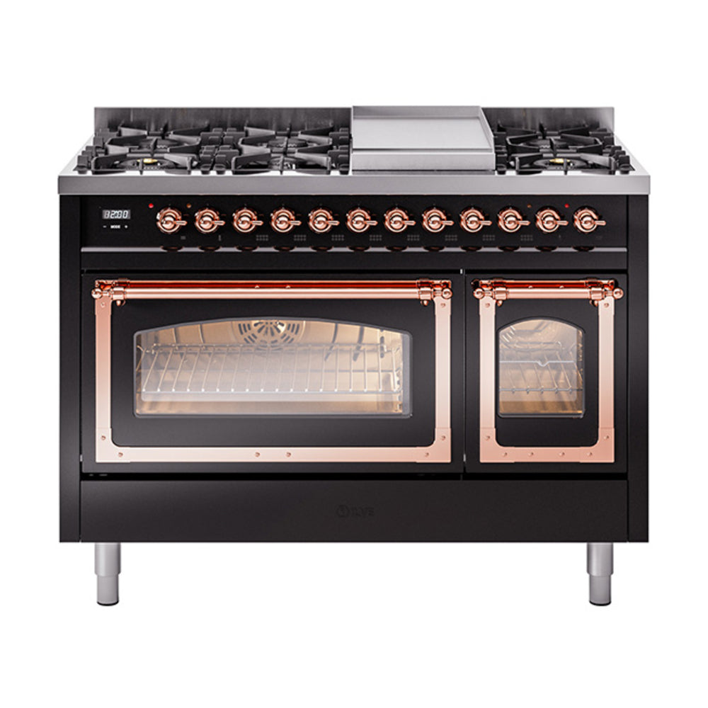 ILVE Nostalgie II Noblesse 48-Inch Dual Fuel Freestanding Range in Glossy Black with Copper Trim (UN48FNMPBKPLP)