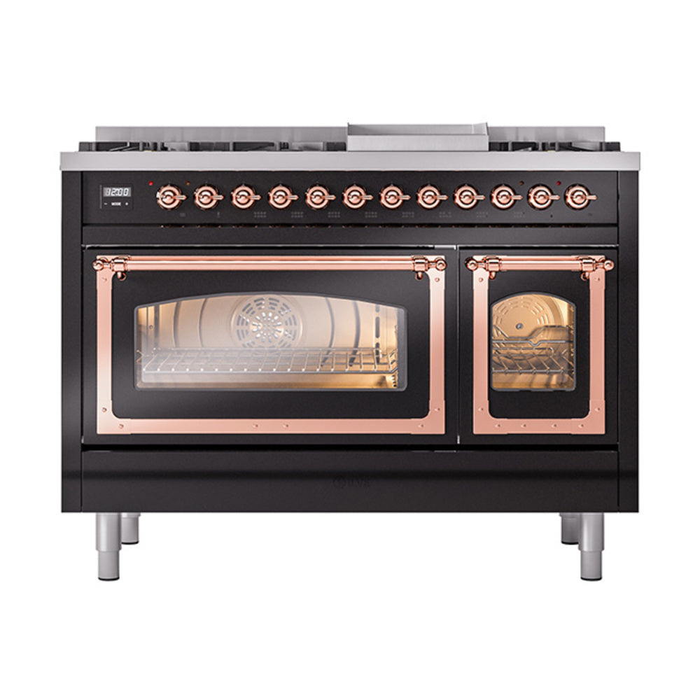 ILVE Nostalgie II Noblesse 48-Inch Freestanding Natural Gas Dual Fuel Range in Glossy Black with Copper Trim (UN48FNMPBKP)