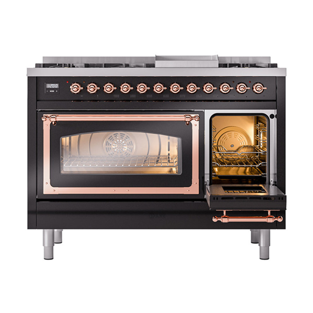 ILVE Nostalgie II Noblesse 48-Inch Freestanding Natural Gas Dual Fuel Range in Glossy Black with Copper Trim (UN48FNMPBKP)