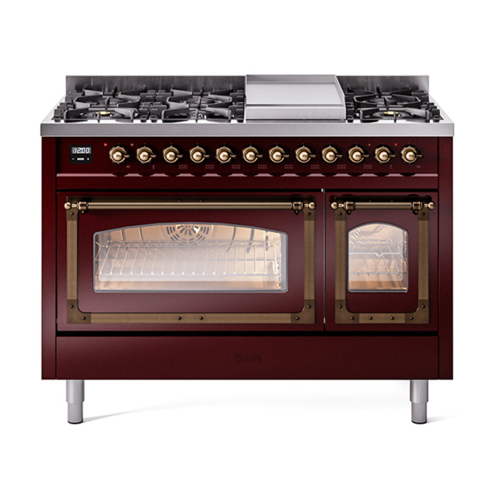 ILVE Nostalgie II Noblesse 48-Inch Freestanding Natural Gas Dual Fuel Range in Burgundy with Burnished Bronze Trim (UN48FNMPBUB)