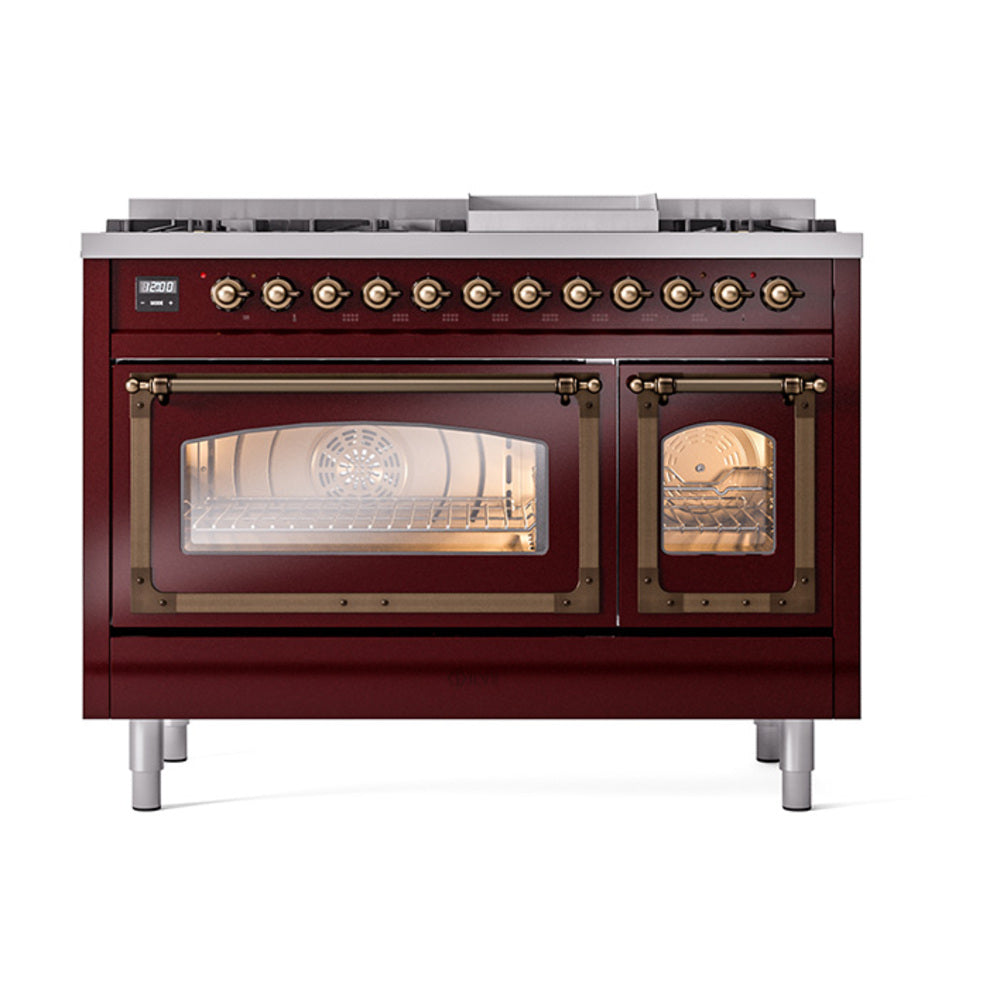 ILVE Nostalgie II Noblesse 48-Inch Freestanding Dual Fuel Range, Burgundy with Burnished Bronze Trim (UN48FNMPBUBLP)