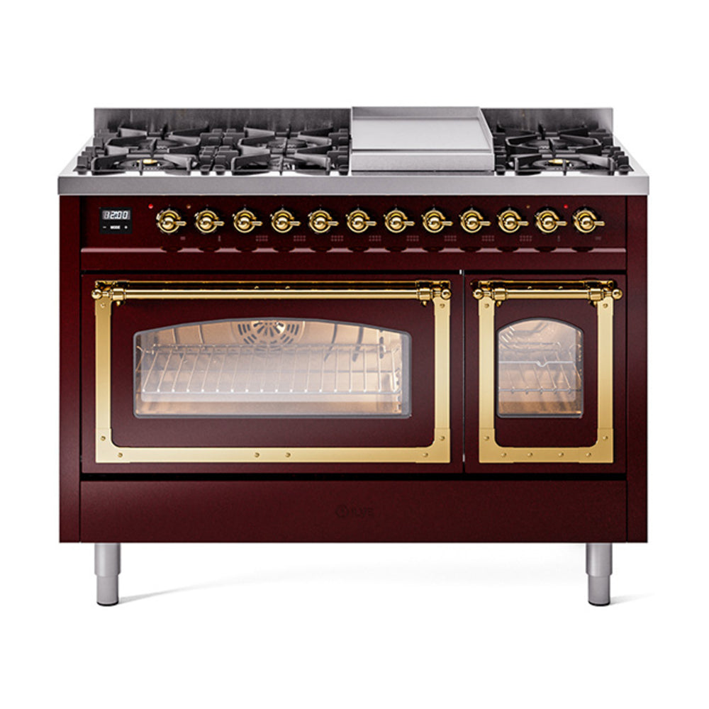 ILVE Nostalgie II Noblesse 48-Inch Freestanding Natural Gas Dual Fuel Range in Burgundy with Brass Trim (UN48FNMPBUG)