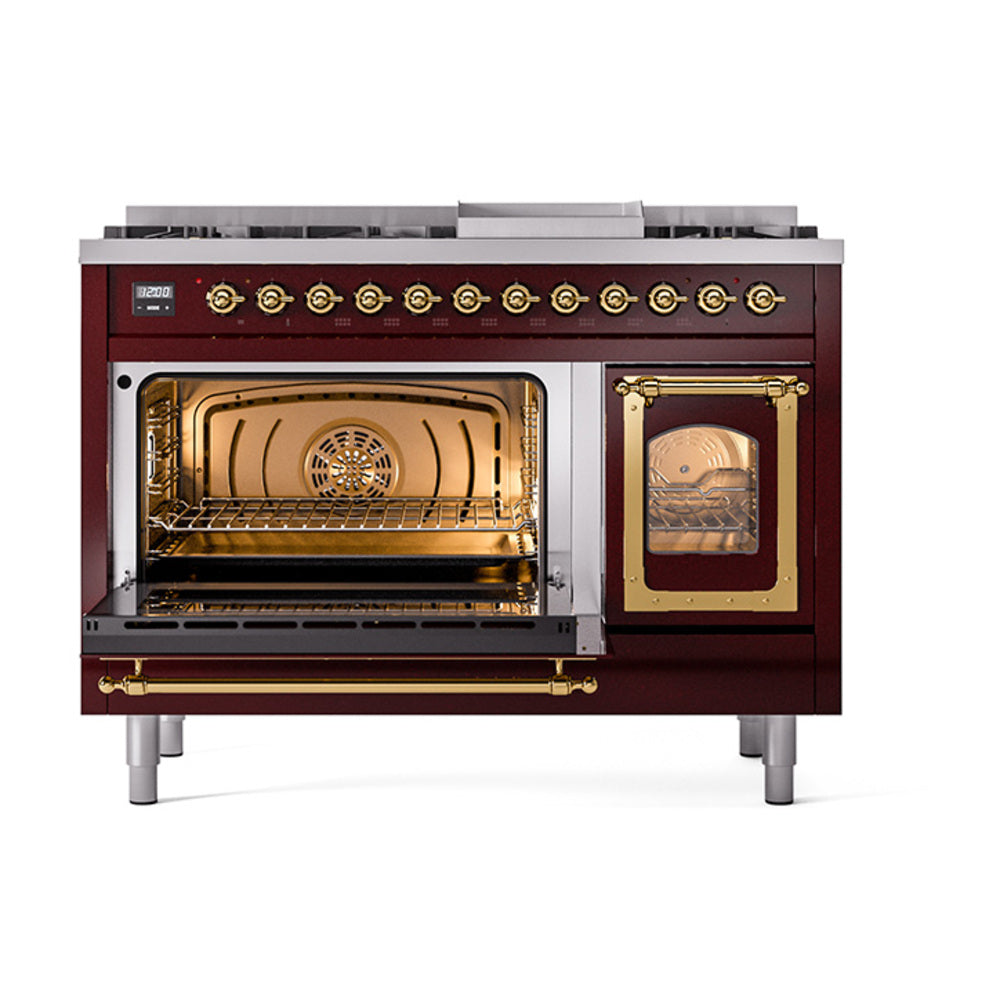 ILVE Nostalgie II Noblesse 48-Inch Freestanding Natural Gas Dual Fuel Range in Burgundy with Brass Trim (UN48FNMPBUG)