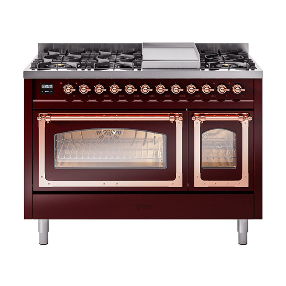 ILVE Nostalgie II Noblesse 48-Inch Freestanding Natural Gas Dual Fuel Range in Burgundy with Copper Trim (UN48FNMPBUP)