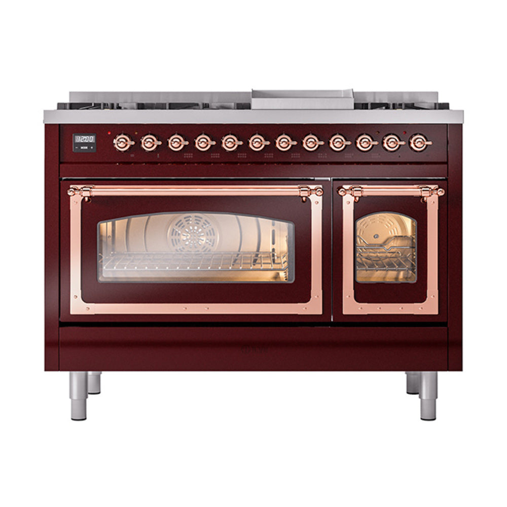 ILVE Nostalgie II Noblesse 48-Inch Freestanding Natural Gas Dual Fuel Range in Burgundy with Copper Trim (UN48FNMPBUP)