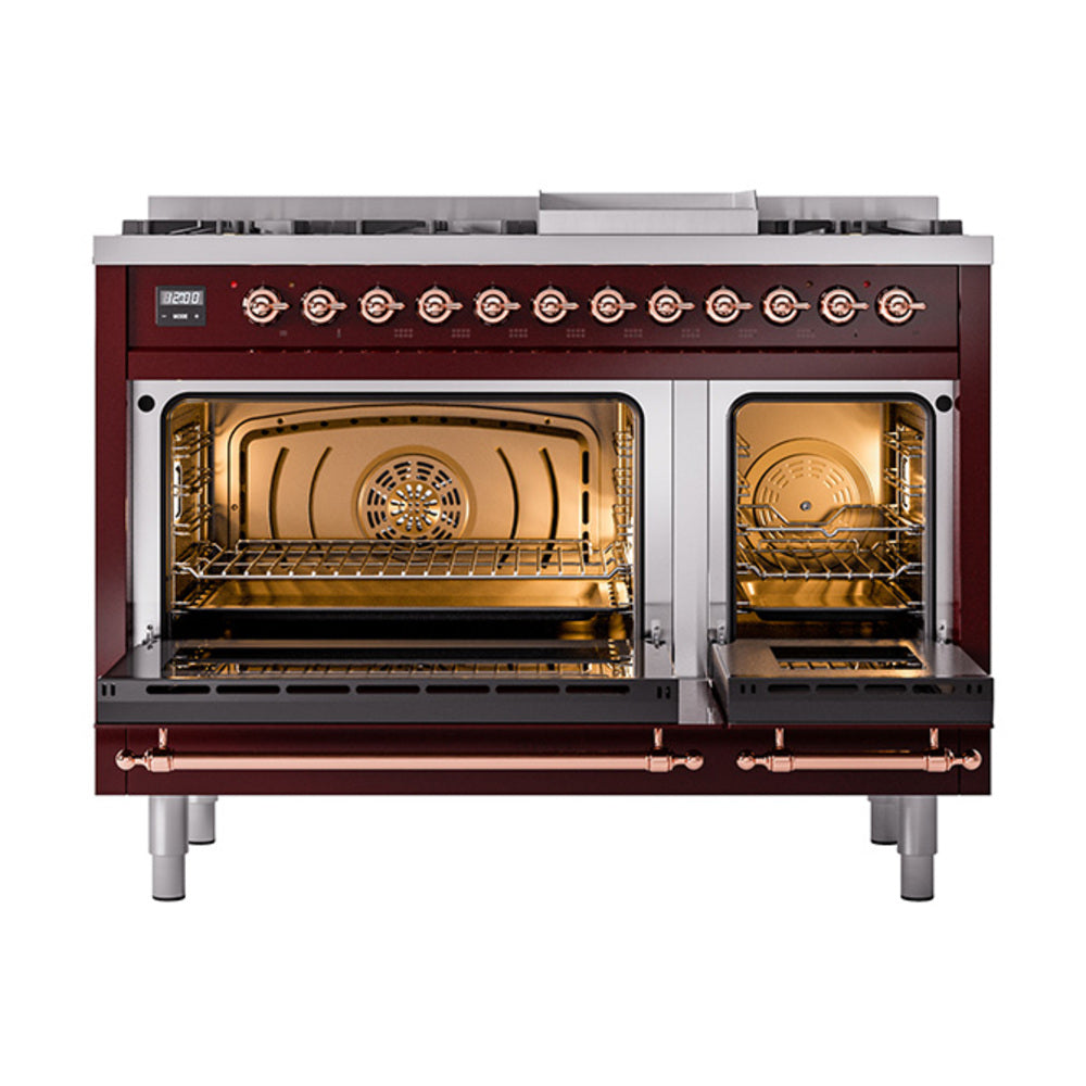 ILVE Nostalgie II Noblesse 48-Inch Dual Fuel Freestanding Range in Burgundy with Copper Trim (UN48FNMPBUPLP)