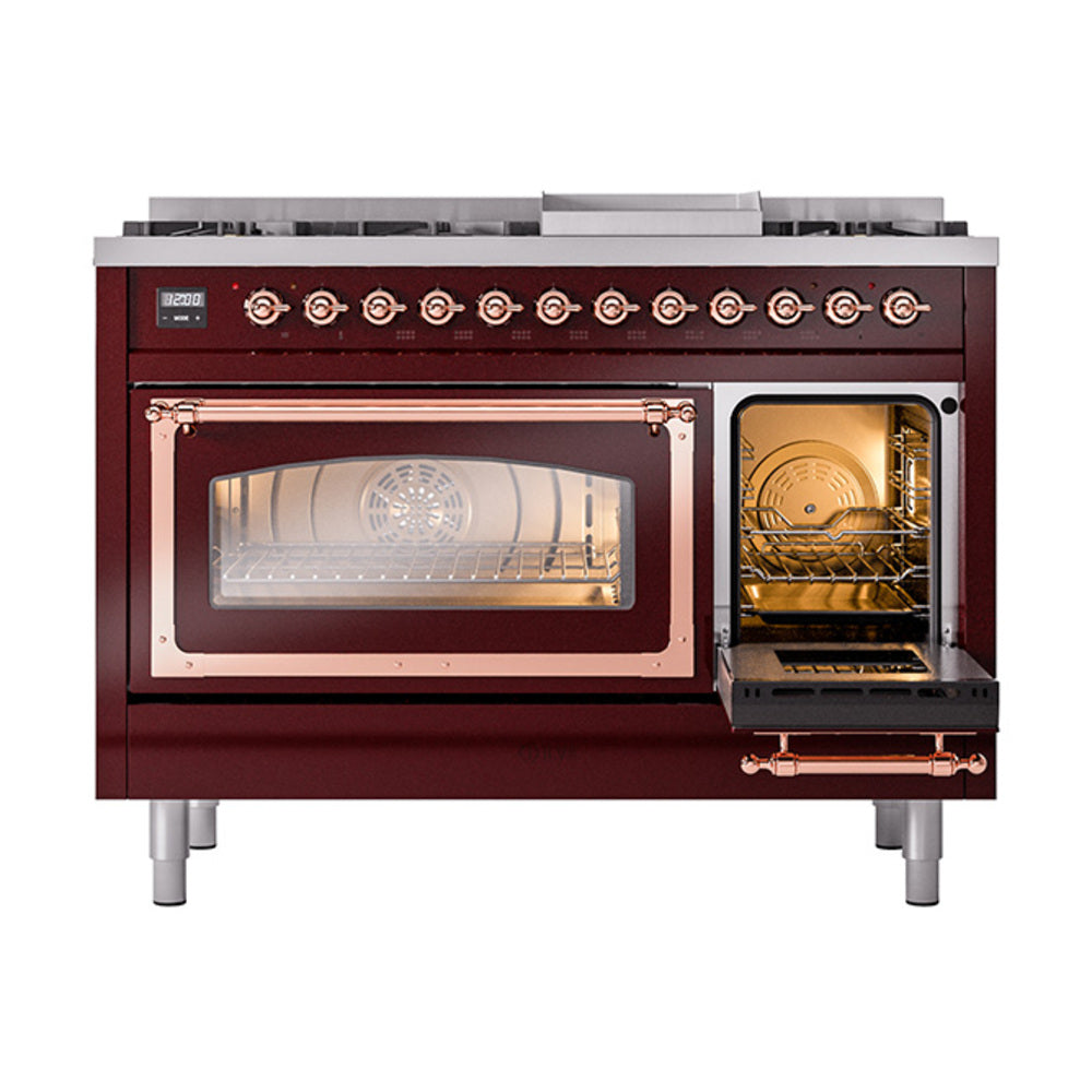 ILVE Nostalgie II Noblesse 48-Inch Freestanding Natural Gas Dual Fuel Range in Burgundy with Copper Trim (UN48FNMPBUP)