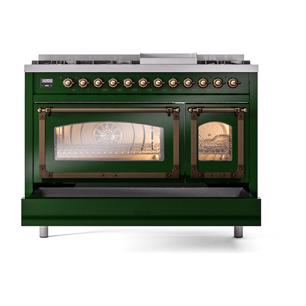 ILVE Nostalgie II Noblesse 48-Inch Dual Fuel Freestanding Range in Emerald Green with Burnished Bronze Trim (UN48FNMPEGBLP)