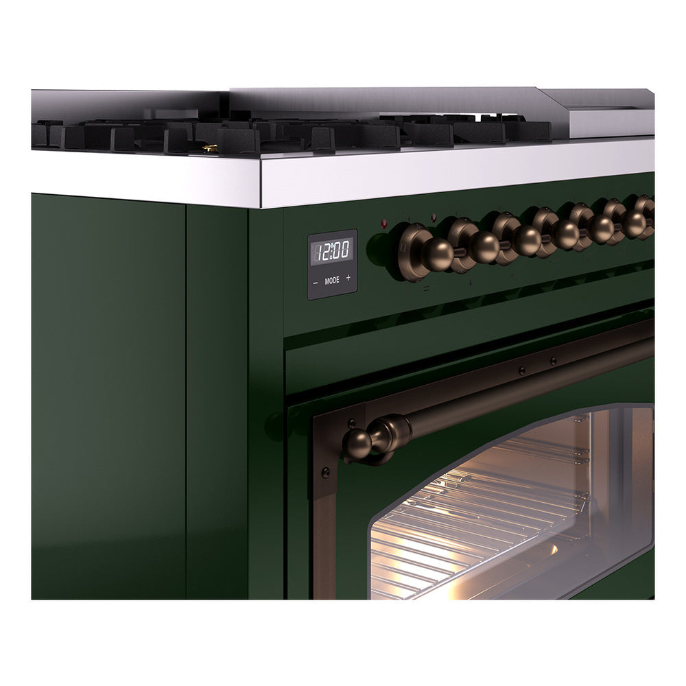 ILVE Nostalgie II Noblesse 48-Inch Freestanding Natural Gas Dual Fuel Range in Emerald Green with Burnished Bronze Trim (UN48FNMPEGB)